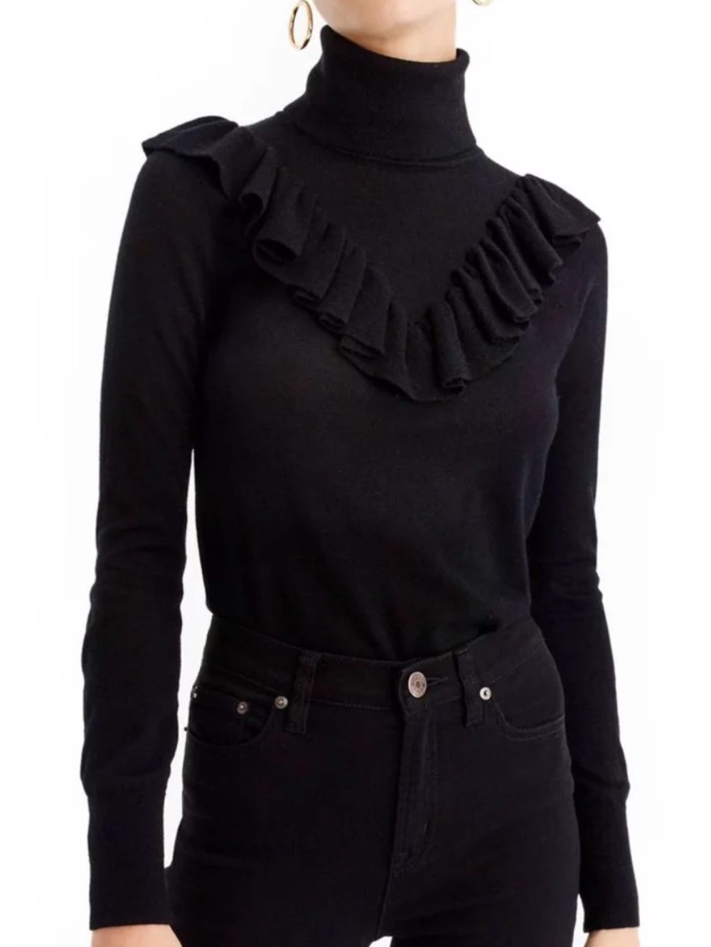 J. Crew woman’s tippy ruffled Black turtleneck L